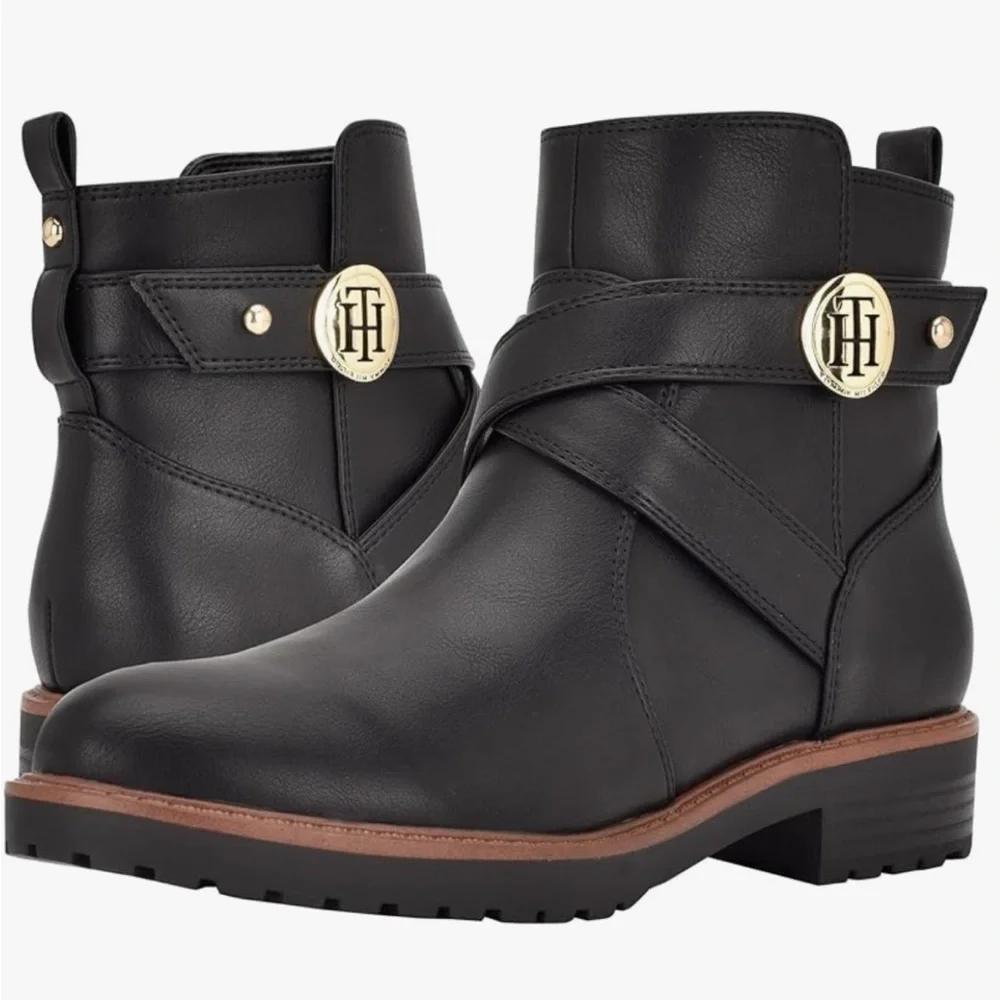 TOMMY HILFIGER FEINNIE ANKLE LEATHER BLACK BOOTS 9.5